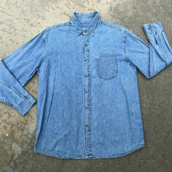 Calvin Klein Vtg 90s Retro Spell Out Denim Shirt L​​​​​​ - Picture 1 of 7